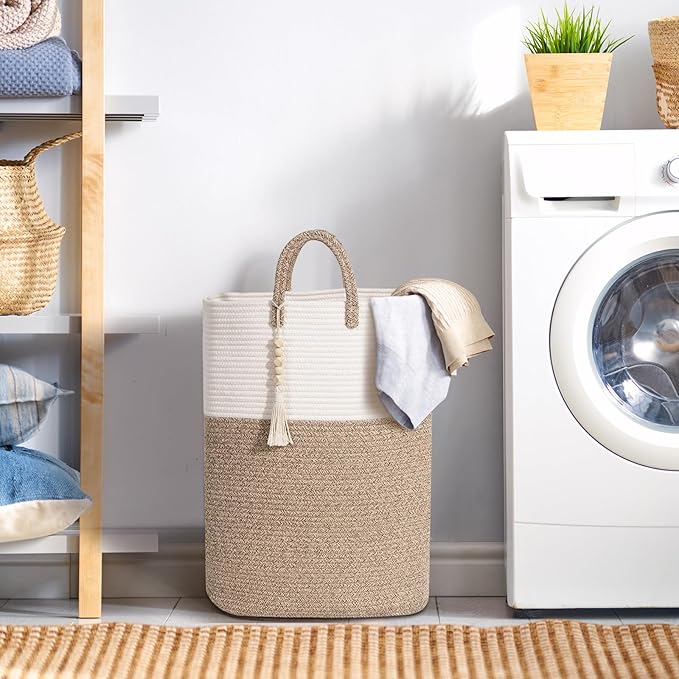 Woven Laundry Basket for Clothes, 50L Large Rectangle Laundry Hampers with Beads Tassel, Nursery Storage Basket for Toys, Tall Dirty Clothes Hamper for Bedroom Aesthetic, Laundry Room Organization