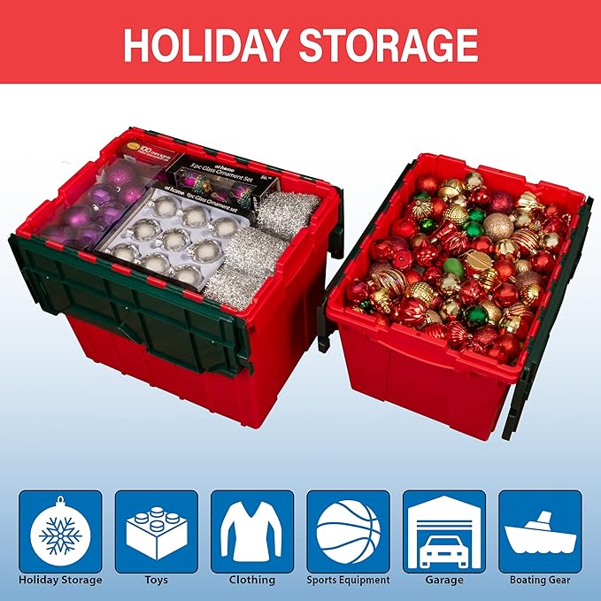 Akro-Mils KeepBox 12 Gallon Storage Container, Nesting and Stackable Plastic Storage Box with Lid Attached, Clear Tote for Garages, Closets, and Moving, 21-1/2" x 15" x 12-1/2", Red/Green