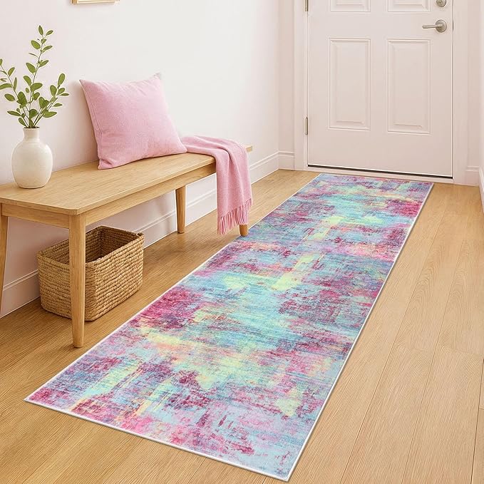 IOHOUZE Abstract Runner Rug 2x6 Ft Washable Runners for Hallways, Non Slip Kitchen Runner Printed Faux Wool Entryway Runner Indoor, Modern Abstract Floor Carpet for Hall Kitchen Bedroom, Pink Teal