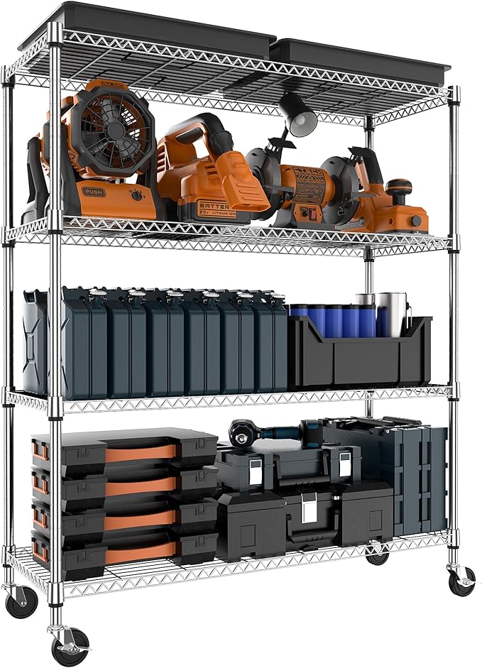 4 Tiers Storage Shelves Load 1400LBS, Metal Shelving Wire Metal Shelving Unit Shelves for Storage Adjustable Garage Shelving for Pantry Kitchen Garage Chrome 17.7" D x 47.3" W x 62.7" H