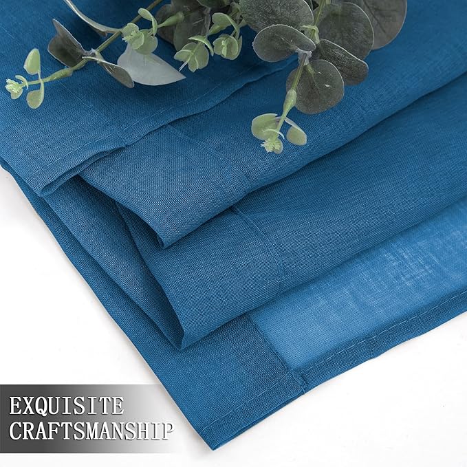 Tollpiz Short Sheer Tier Curtains Linen Textured Half Kitchen Curtain Sheers Light Filtering Rod Pocket Voile Small Curtain for Bathroom, 25 x 24 inches Long, Classic Blue, Set of 2 Panels