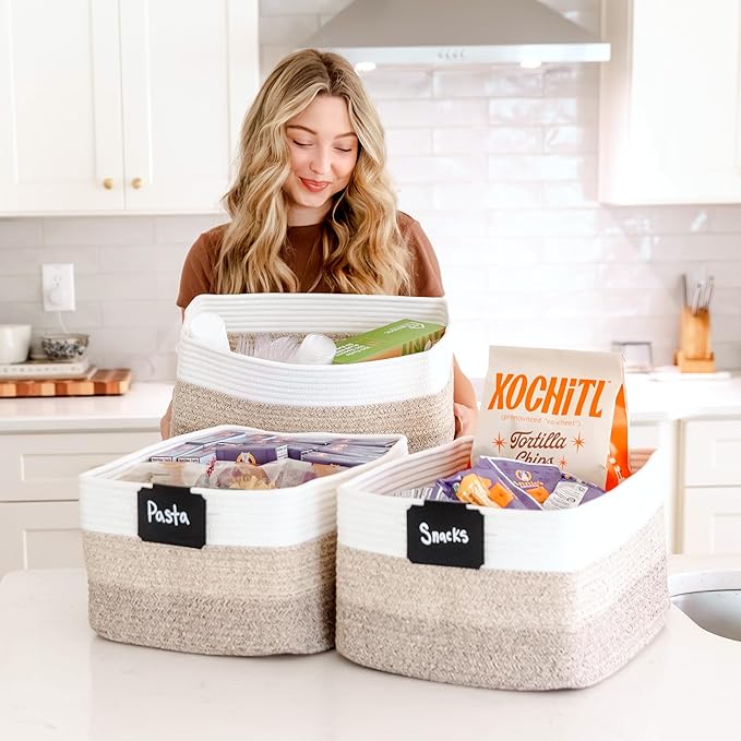 NaturalCozy Storage Baskets 16.8”x13”x7.6” Cotton Rope Woven Baskets for Organizing 3-Pack | Toy Storage Bins | Basket for Shelves, Laundry, Blanket, Clothes, Closet, Kitchen, Bathroom, Gifts