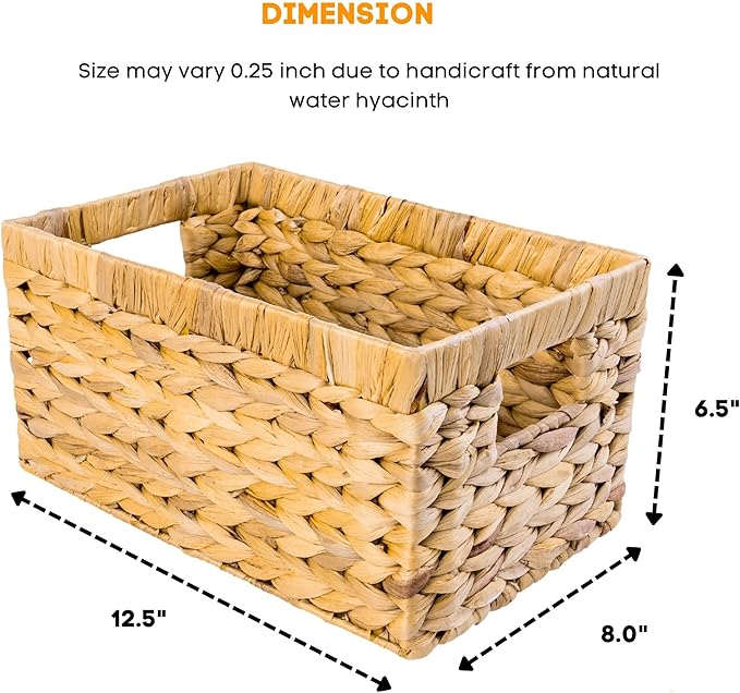 Set of 3 Water Hyacinth Storage Baskets – Wicker Baskets for Shelves, Decorative Woven Organizer Bin for Bathroom, Closet, or Pantry (3-Pack Medium)