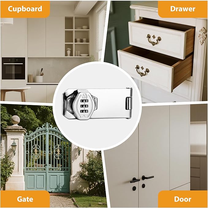 Cozy Tower 4 inch 180 Degrees Hasp Combination Lock for Cabinet, Combo Latch Lock for Cupboard, Drawer, Closet Door, Garage Fence Shed Door (Chrome, 1 Pack)