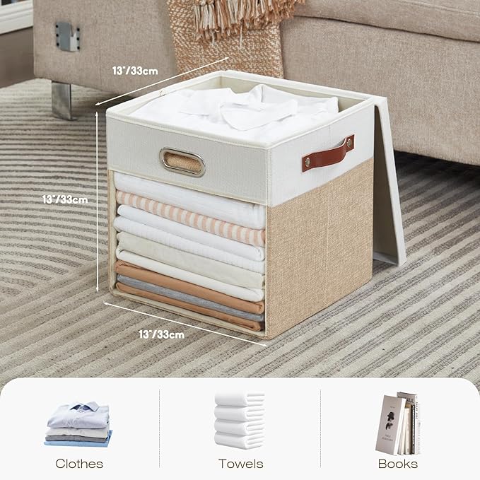 Fabric Storage Cubes with Clear Windows and Lids, 13'' Foldable Storage Bins with 3 Handles, Decorative Storage Boxes for Home, Bedroom, Closet, Office (Beige & White)