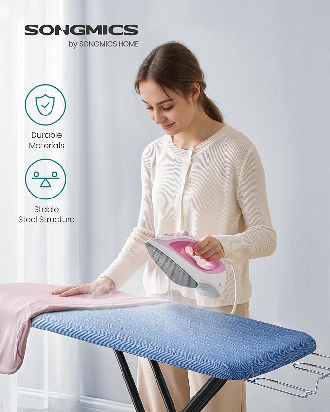 SONGMICS Ironing Board, Foldable Iron Board, Height Adjustable up to 35 Inches, with 4 Layered Cover and Pad, Iron Rest, Hook, Steel X-Legs, for Home, Laundry Room, Dorm, Midnight Blue ULLB001Q01