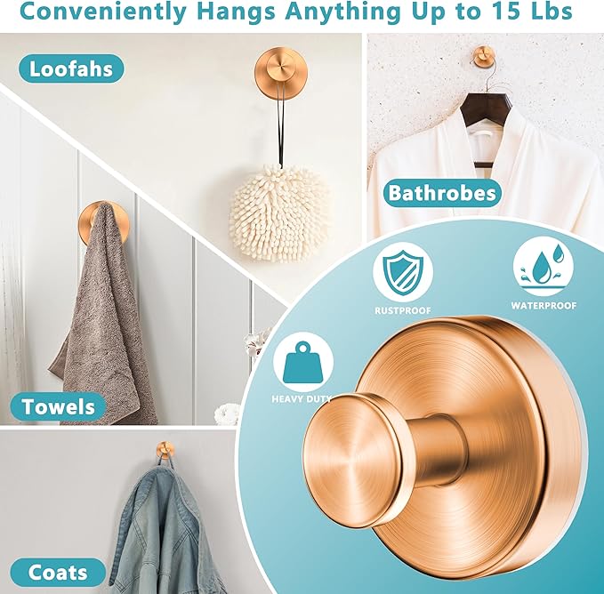 Suction Cup Hooks for Shower,Wreath Hanger for Front Door,Removable No Drill Towel Loofah Hooks,Upgraded 15 lbs Strong Suction for Bathroom,Wall,Glass,Stainless Waterproof-Rose Gold 4 Pcs