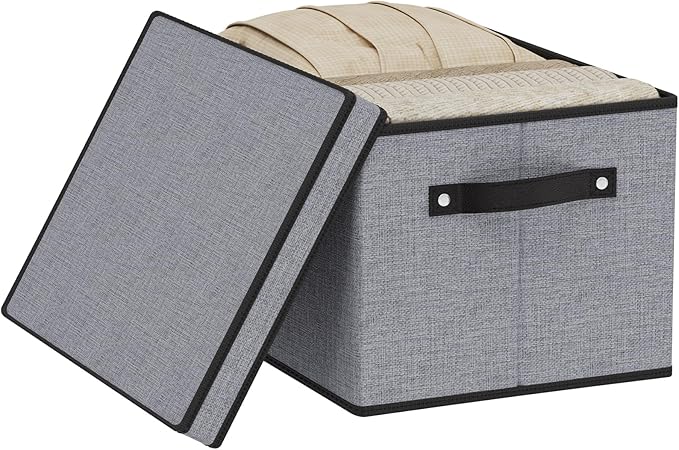 Clothing Storage Bins, Blanket Baskets for Shelves, Fabric Cubes with Handles and Lids, Decorative Linen Closet Organizers Boxes, Gray, 1 Pack, 16.5 x 11.8 x 10.2 Inch
