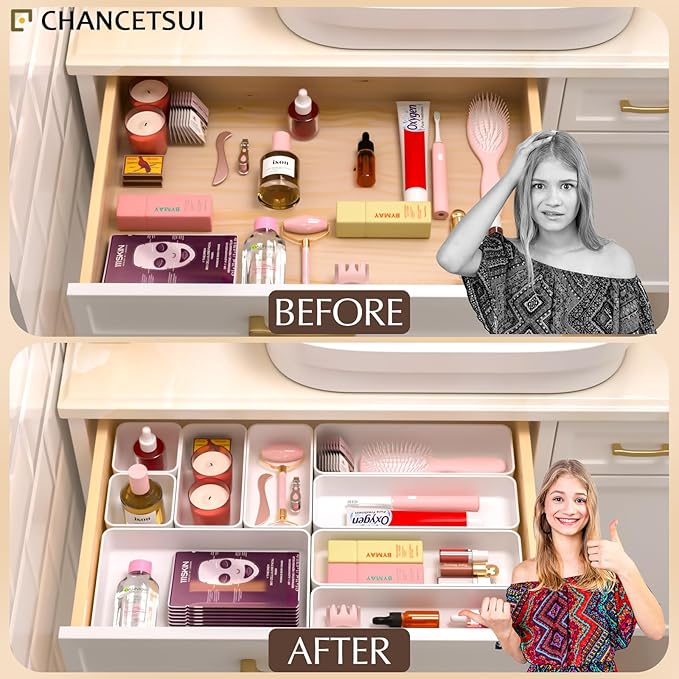 9 Pcs Stackable Drawer Organizer Trays Set, Multifunctional Stackable Storage Trays for Vanity, Bathroom, Kitchen, Desk Drawer Organizer Office. Plastic Drawer Organizers Available In 5 Colours, White