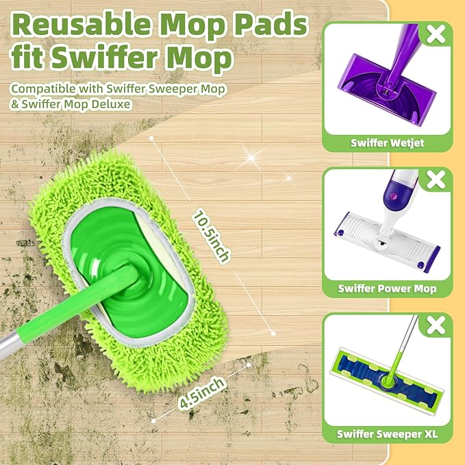 Reusable Microfiber Mop Pads Compatible with Sweeper Mop, Washable Wet Pads Refill & Highly Absorbent Dry Sweeping Cloths - Chenille Mop Pads for All Sealed Floors Cleaning (Mop is not Included)