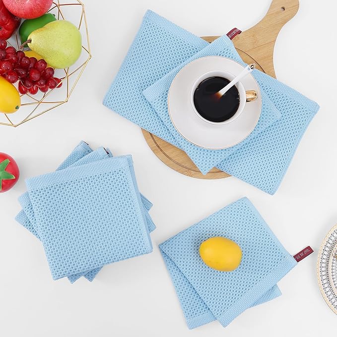 Homaxy 100% Cotton Waffle Weave Kitchen Dish Cloths, Ultra Soft Absorbent Quick Drying Dish Towels, 12 x 12 Inches, 6-Pack, Sky Blue