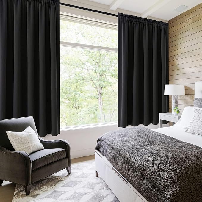 DWCN Black Room Darkening Blackout Curtains - Rod Pocket Thermal Insulated Privacy Energy Saving Window Curtain Drapes 42x 72 inch Length, Set of 2 Bedroom Living Room Curtains
