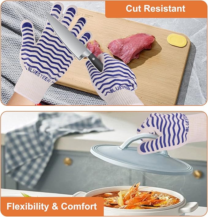 Oven Gloves 932°F Heat Resistant Oven Mitts with Fingers, Heat Proof BBQ Grill Gloves Silicone Grip Fireproof Gloves for Kitchen Cooking Grilling Baking