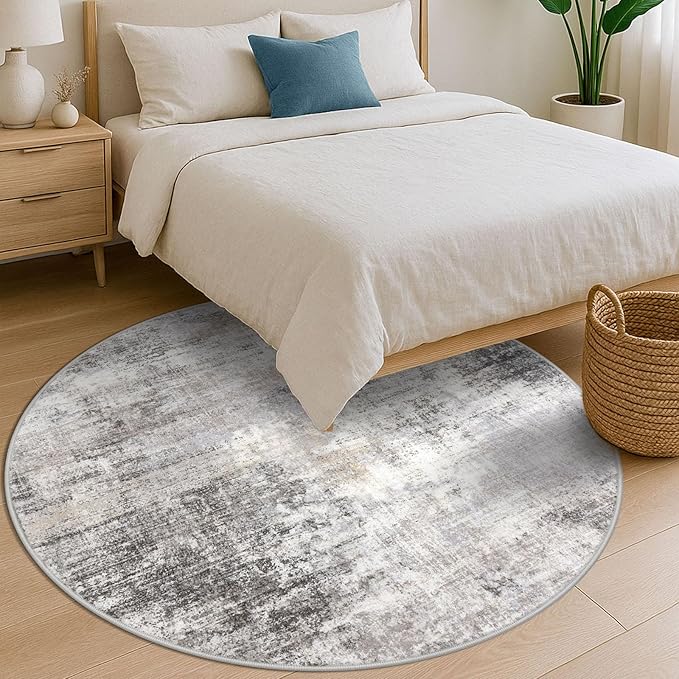 IOHOUZE Abstract Round Area Rug 6 Ft Washable Circle Rugs Large Round Rug Non Slip Thin Soft Circle Rugs, Printed Faux Wool Floor Carpet for Bedroom Living Room Dining Room Nursery, Grey Beige