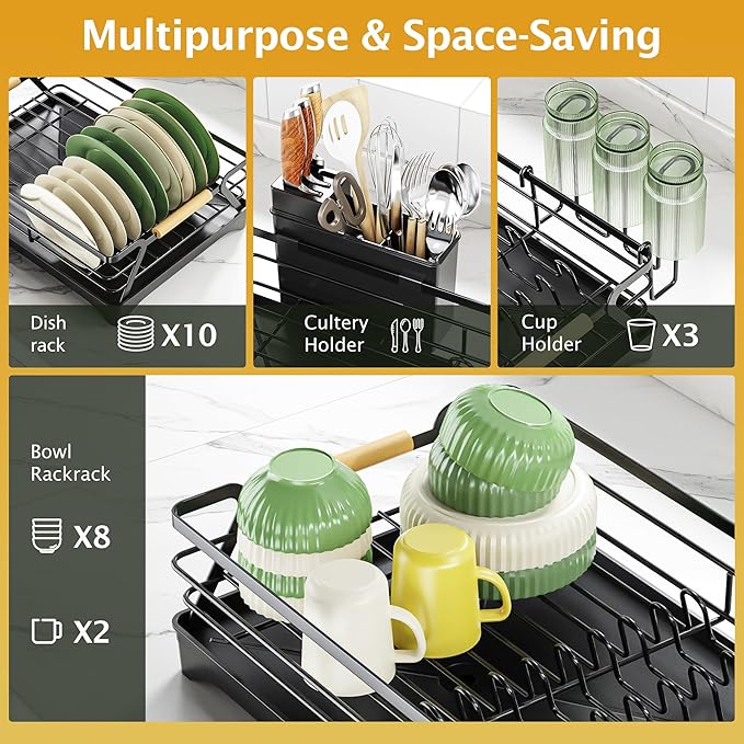 Epicano Dish Drying Rack for Kitchen Counter,Space-Saving Dish Rack,Rustproof Dish Drainer with Utensil Holder and Knife Slots for Sink,Kitchen Drying Rack with Wooden Handle and Cup Holder, Black