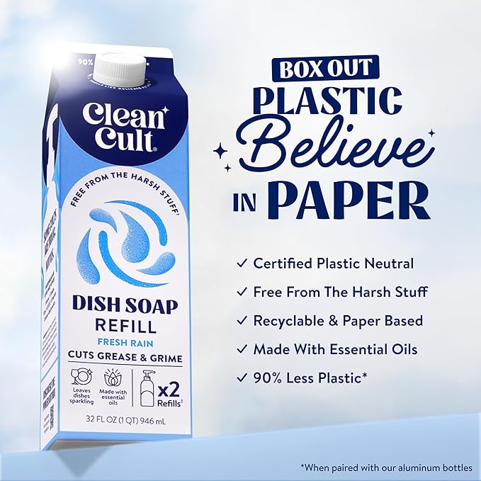 Cleancult Dish Soap Liquid Refill (32oz, 3 Pack) - Plant Based Cleaning Power - Dish Soap that Cuts Grease & Grime - Free of Harsh Chemicals - Uses 90% Less Plastic - Fresh Rain