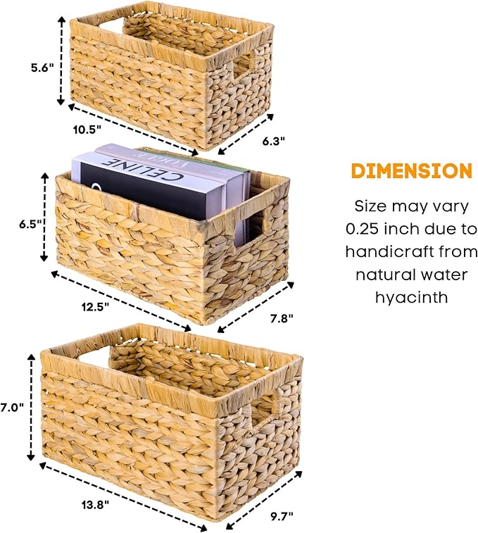 Set of 6 Wicker Storage Basket, Water Hyacinth Storage Baskets, Wicker Storage Baskets for Shelves (Combo 2 Sets SML)