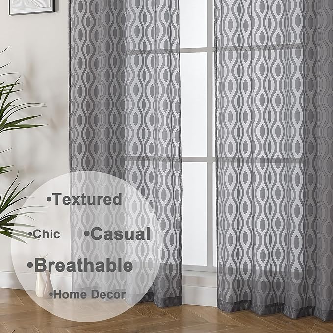 Aiyufeng Charcoal Grey Sheer Curtains 84 Inches Long 2 Panels, Solid Airy Light Filtering Window Treatments for Bedroom Living Room, Modern Wavy Line Rod Pocket Curtains, Total 80 inches Width