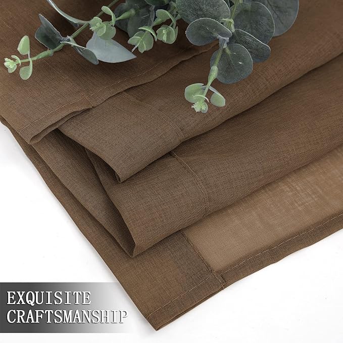 Tollpiz Short Sheer Tier Curtains Linen Textured Half Kitchen Curtain Sheers Light Filtering Rod Pocket Voile Small Curtain for Bathroom, 25 x 24 inches Long, Brown, Set of 2 Panels