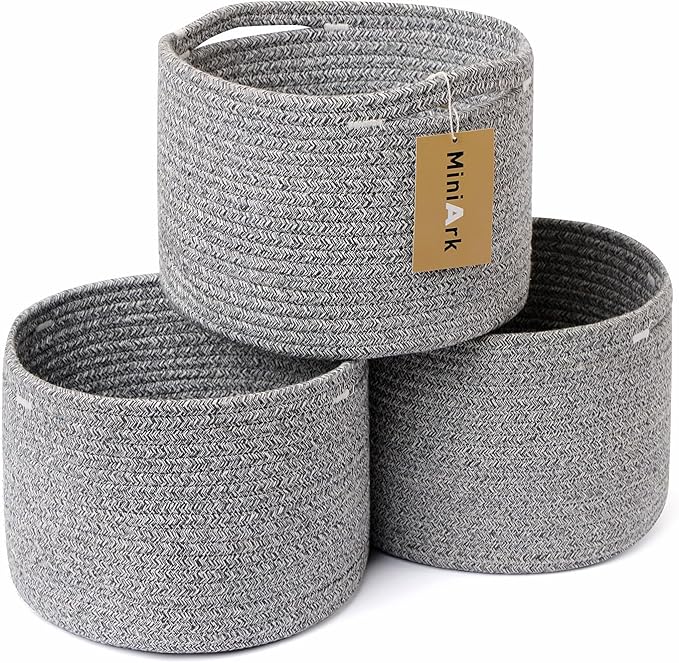 Small Basket for Organizing | Cube Shelf Closet Storage Baskets | 9.7×9.7×7.1” | Woven Rope Gift Basket | Nursery | Round 3 Packs Mixed Grey