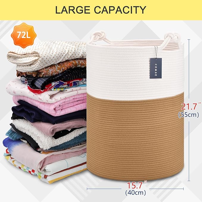 COMSE Extra Large Blanket Basket, Tall Woven Storage Basket, Nursery Hamper, 15.7”x 21.7”, Cotton Rope Laundry Hamper for Toys Clothes Towels, White/Camel