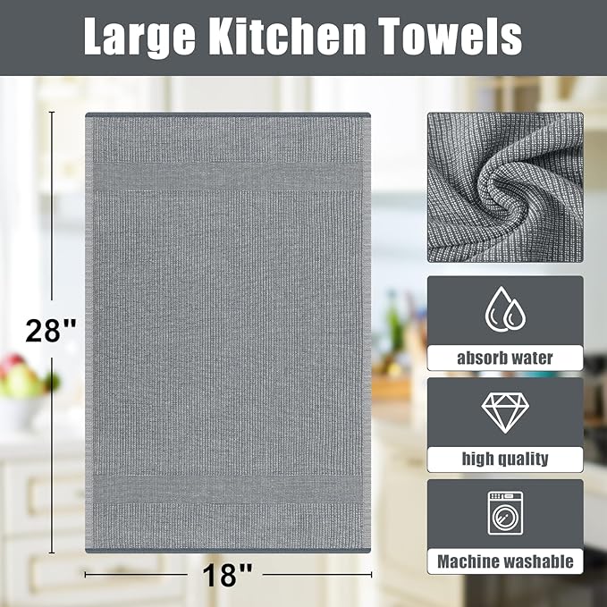 Homaxy Premium Kitchen Towels(18”x 28”, 12 Pack), Large Cotton Kitchen Hand Towels, Flat and Terry Dish Towels, 380 GSM Highly Absorbent Tea Towel Set with Hanging Loop, Grey