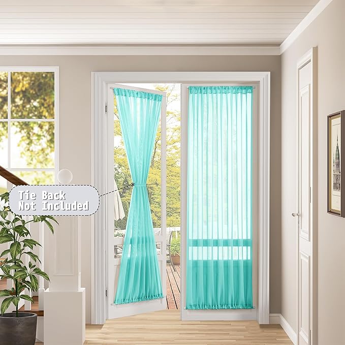 Tollpiz Sheer Door Curtains Closet Linen Textured Curtain Sheers Doorway Light Filtering Voile Patio Door Rod Pocket Curtains French Door, 54 x 80 inches Long, Aqua Blue, Set of 1 Panel