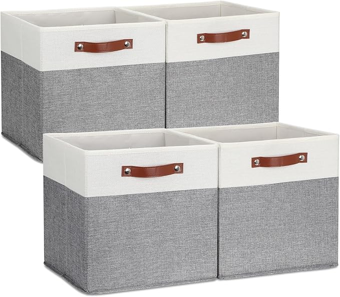 DULLEMELO Storage Cubes 13 inch, Collapsible Sturdy Cube Storage Bins With Handles for Organizing,Fabric Storage Baskets for Shelves Nursery Closet Home Organization (White&Grey-4 Pack)