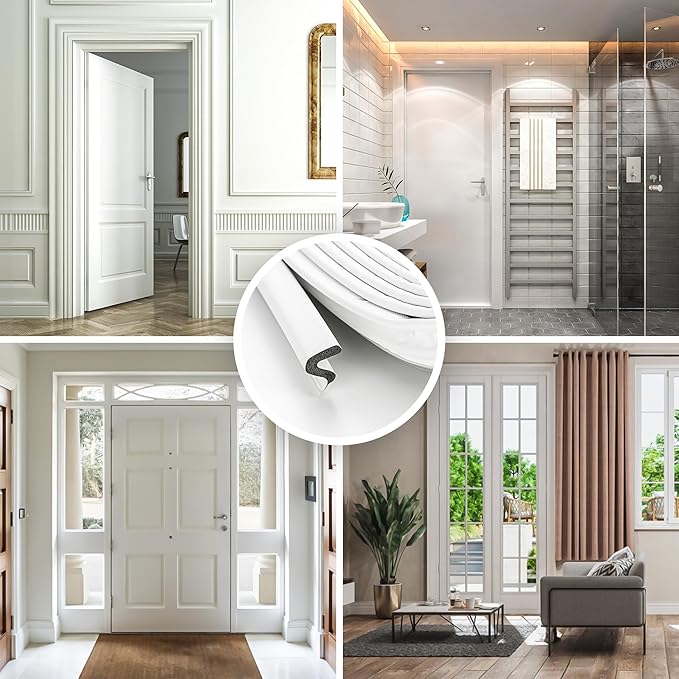 Weather Stripping Door Seal Strip - Soundproof Q-Shaped Foam for Exterior Door Frame, Large Gap Seal, Noise Cancelling, Easy to Install (White, 21FT)