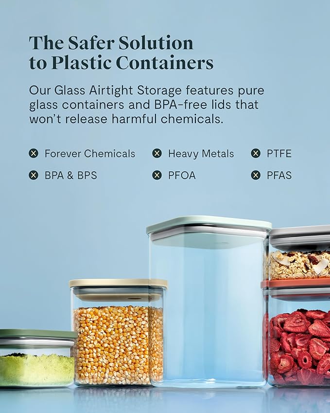 Caraway 1qt Glass Airtight Food Storage Container with Lid – Non-Toxic, BPA-Free Kitchen Storage Container – Stackable, Space-Saving Airtight Container for Dry Goods and More - Sage