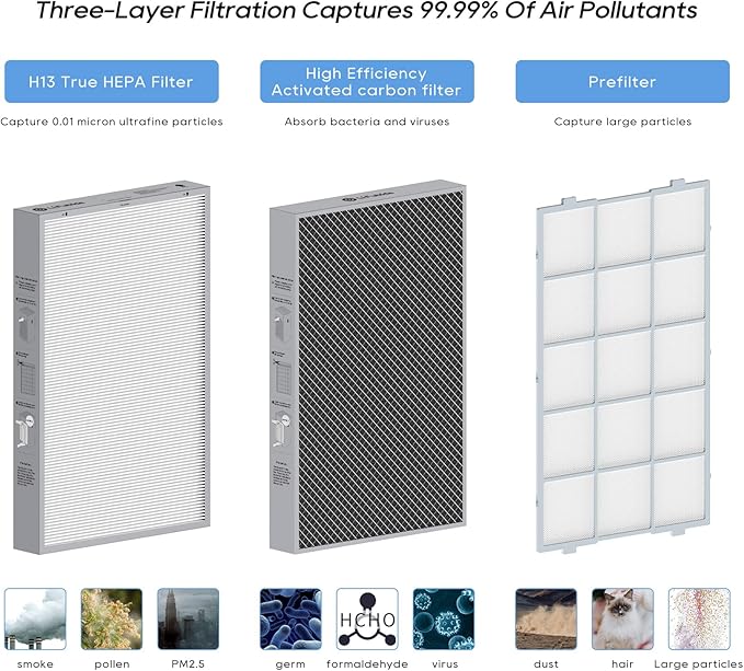 Y1000 Air Purifier Replacement Filter, 2-in-1 H13 True HEPA and High-Efficiency Activated Carbon Filters Set, 1 Set of 2pcs,Y1000Filter