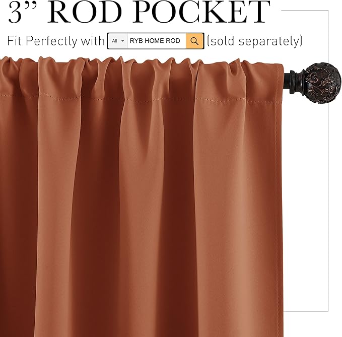 RYB HOME Room Darkening Curtains 54 inches Length, Blackout Window Curtains Drapes Energy Efficient Covering for Bedroom Dorm Glass Door, W 42 x L 54 inch, 2 Panels, Burnt Orange