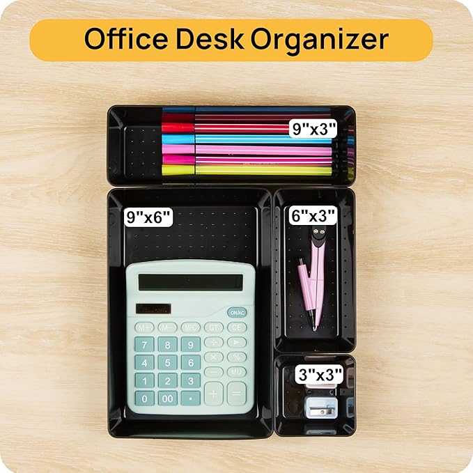 Vtopmart 25 PCS Office Desk Drawer Organizers Set, 4-Size Versatile Plastic Drawer Organizer Trays, Storage Bins for Desk Accessories Office Organizers and Storage, Bathroom, Makeup, Vanity, Black