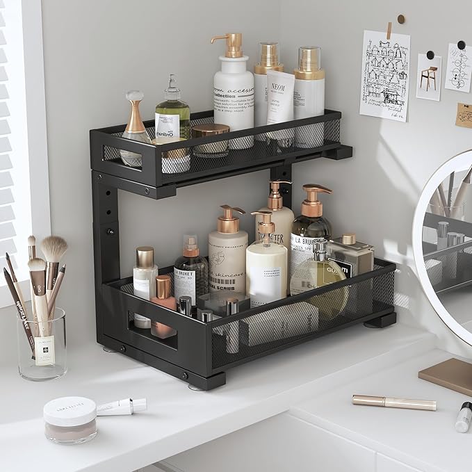 1 Pack-11.4"-16.14"H Under Sink Storage Organizer, Large 2-Tier Elegant Mesh Pull Out Shelf for Kitchen and Bathroom Cabinet Organization, L-Shaped and Adjustable Height Design for Maximum Space-Black