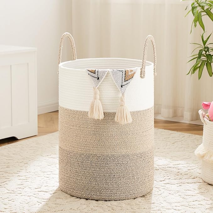 Laundry Basket,Woven Cotton Rope Laundry Hamper,100L for Decorative Storage of Dirty Clothes,Toys and Blankets in Bathroom,Bedroom and Living Room