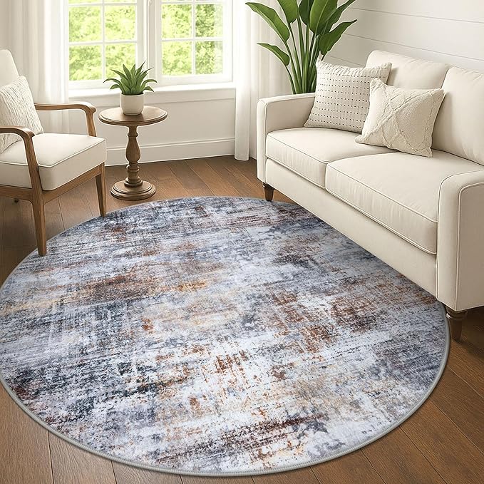 IOHOUZE Abstract Round Area Rug 6 Ft Washable Circle Rugs Large Round Rug Non Slip Thin Soft Circle Rugs, Printed Faux Wool Floor Carpet for Bedroom Living Room Dining Room Nursery, Orange Grey