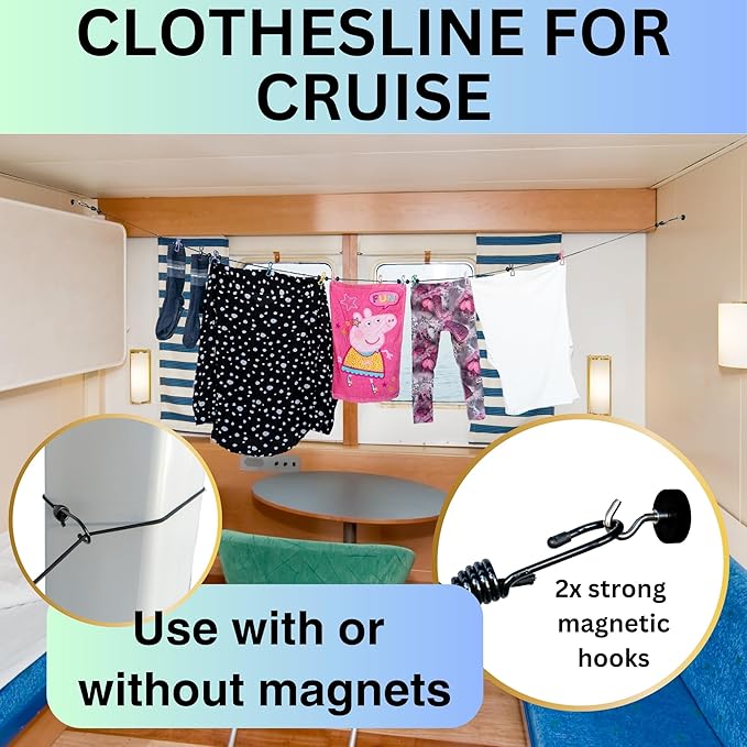 Magnetic Clothesline for Cruise Ship Cabin Approved - Strong Rubber Coated Non-Scratch Magnets, Travel Clothesline for Cruise Ship Essentials 2025 Updated Stronger Magnets