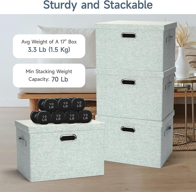 Large 17" 36 Quart Collapsible Stackable Storage Bins with Lids, 3 Packs Light Green Linen Fabric Closet Boxes with Lids, Storage Cube Baskets Container Organizers for Office (17x12x11)