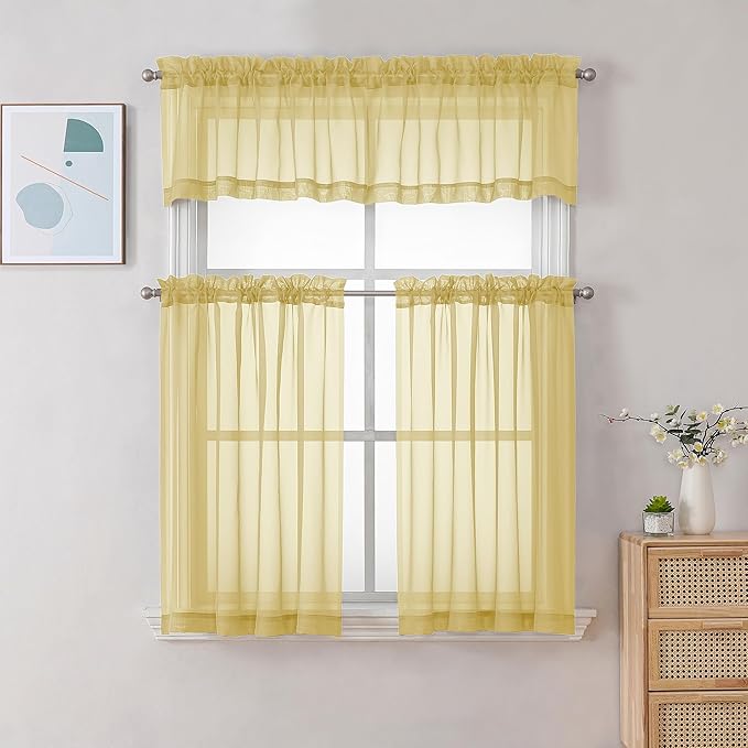 Chyhomenyc Sheer Yellow Tier Curtains 24 Inch Length, Small Window Curtains Treatment for Bathroom Living Room Basement, Short Rod Pocket Cafe Curtain, 42W x 24L Inches, 2 Panels