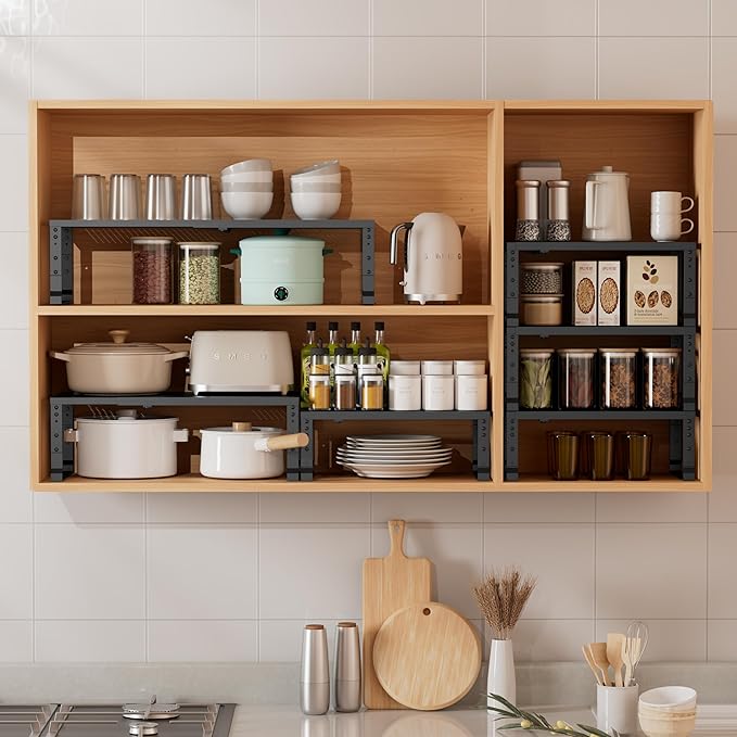 Metal Stackable Expandable Storage Shelf - Multi-Functional Home Storage Shelf, Suitable for Kitchen, Cabinet，Bathroom, Office, Garage, etc.（1PACK/Black/Medium