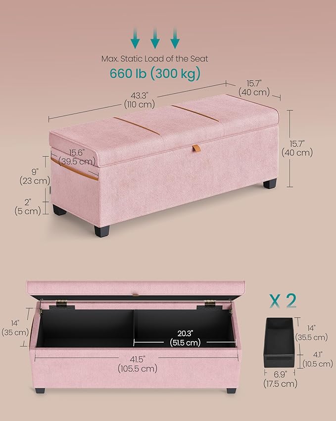SONGMICS Storage Ottoman Bench, Storage Chest, 15.7 x 43.3 x 15.7 Inches, End of Bed Bench, 27 Gal. (103 L), for Bedroom, Entryway, Living Room, Jelly Pink ULSF533R01