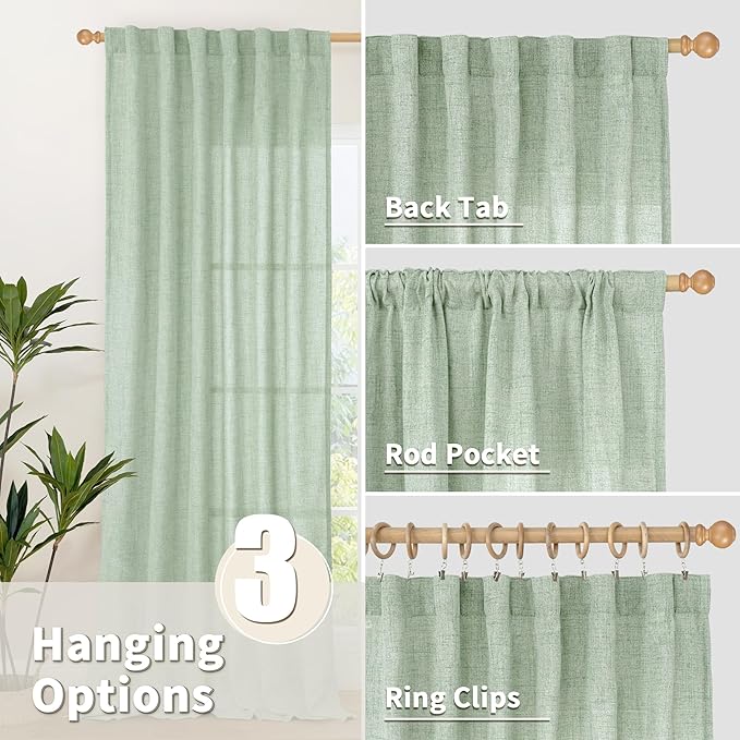 YoungsTex Sage Green Linen Curtains 63 Inch Length for Short Living Room, Semi Sheer Window Drapes Light Filtering with Back Tab Rod Pocket for Bedroom Spring Decor, 52 X 63 Inch, 2 Panels