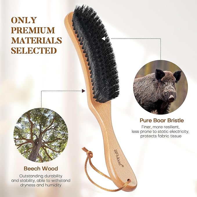 BFWood Clothes Brush - Boar Bristle Hat Brush Lint Brush for Suits, Cashmere, Wool, Velvet, Suede and Pet Hair - Large Beech Handle