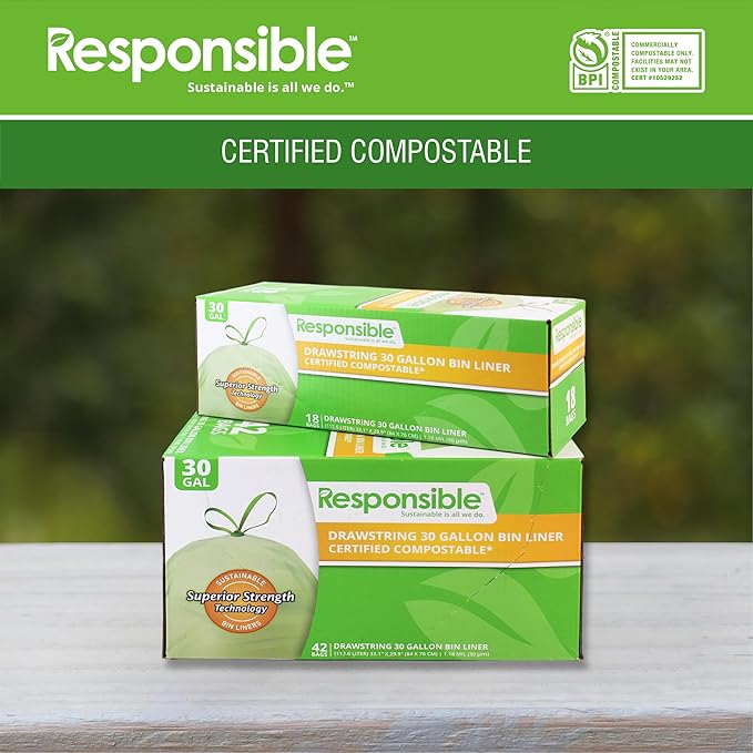 Responsible Products Kitchen Bin Liners, Certified Compostable, Heavy Duty Multipurpose Food Scrap Bags, Made from Compostable Materials (30 Gallon Drawstring, 30 Gallon (42 Count))