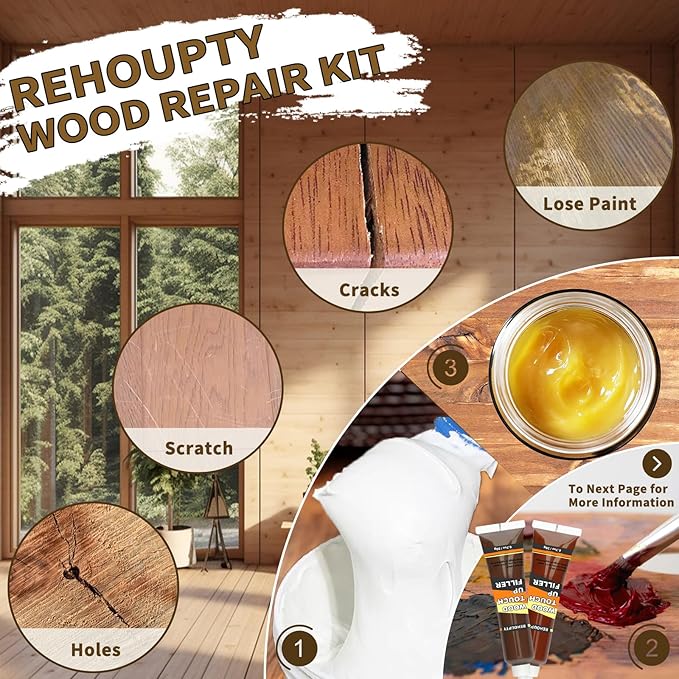 Wood Furniture Repair Kit, All-in-One Large Capacity Floor Repair Kit Include Wood Putty & 12 Colors Wood Touch Up Filler and Beeswax, Vinyl Floor Repair Kit for Scratch, Cracks, Stain, Holes