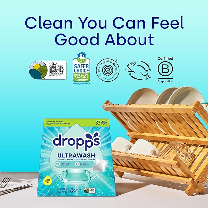 Dropps UltraWash Dishwasher Pods, Lemon Citrus (32 Count) - Biobased Power Deep Clean Dishwasher Detergent Tablets for Sparkling Shiny Dishes - No Rinse Aid or Pre-Wash Needed - Dishwashing Pods