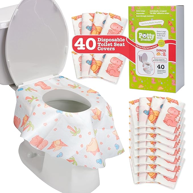 Toilet Seat Covers Disposable (40 pk, Dinosaurs) - XL Waterproof Toilet Cover for Toddlers, Kids & Adults - Portable & Individually Wrapped for Travel, Potty Training, Public Restrooms