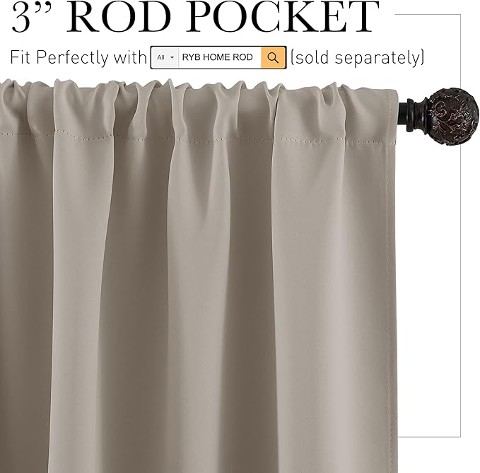 RYB HOME Short Curtains 45 inches, Durable Room Darkening Small Window Treatment Energy Smart Privacy Draperies for Basement Bathroom Bedroom, Sand, Width 42 inch x Length 45 inch, 2 Panels Set