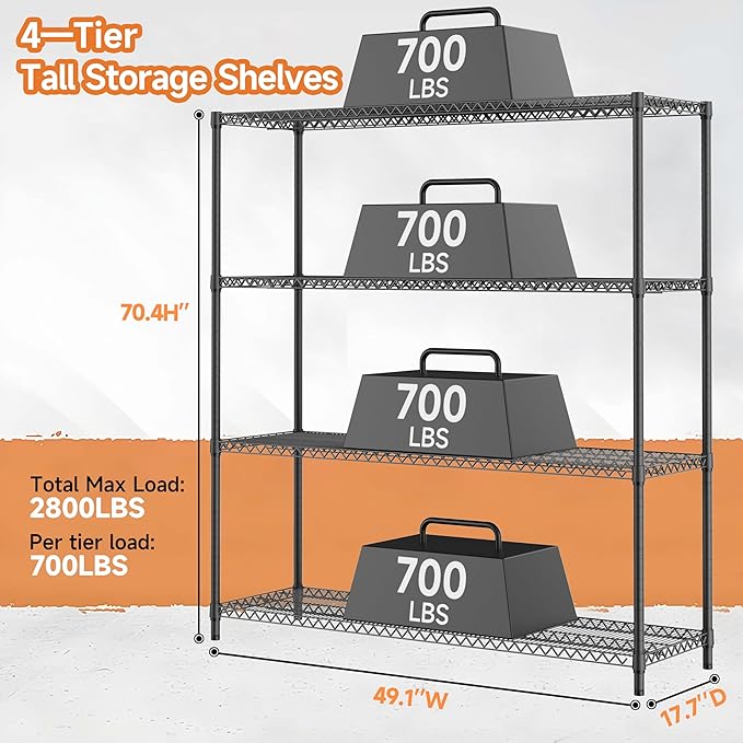 4 Tiers Storage Shelves Load 2640LBS, Metal Shelving Wire Metal Shelving Unit Shelves for Storage Adjustable Garage Shelving for Pantry Kitchen Garage Black 17.7" D x 59.1" W x 70.4" H