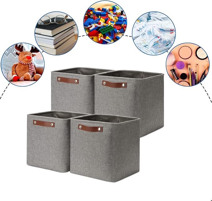 DULLEMELO Square Storage Cubes Baskets for Gifts Empty, 11 inch Cube Stroage Bins Linen Closet Organizers and Storage Baskets for Toy Nursery Shelves Bedroom Storage(4 Pack - 11" Grey)